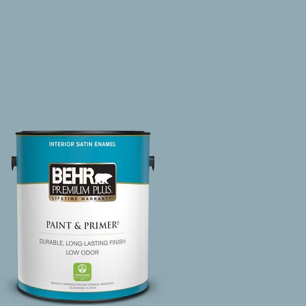 BEHR PREMIUM PLUS 1 gal. #530F-4 Newport Blue Satin Enamel Low Odor Interior Paint & Primer