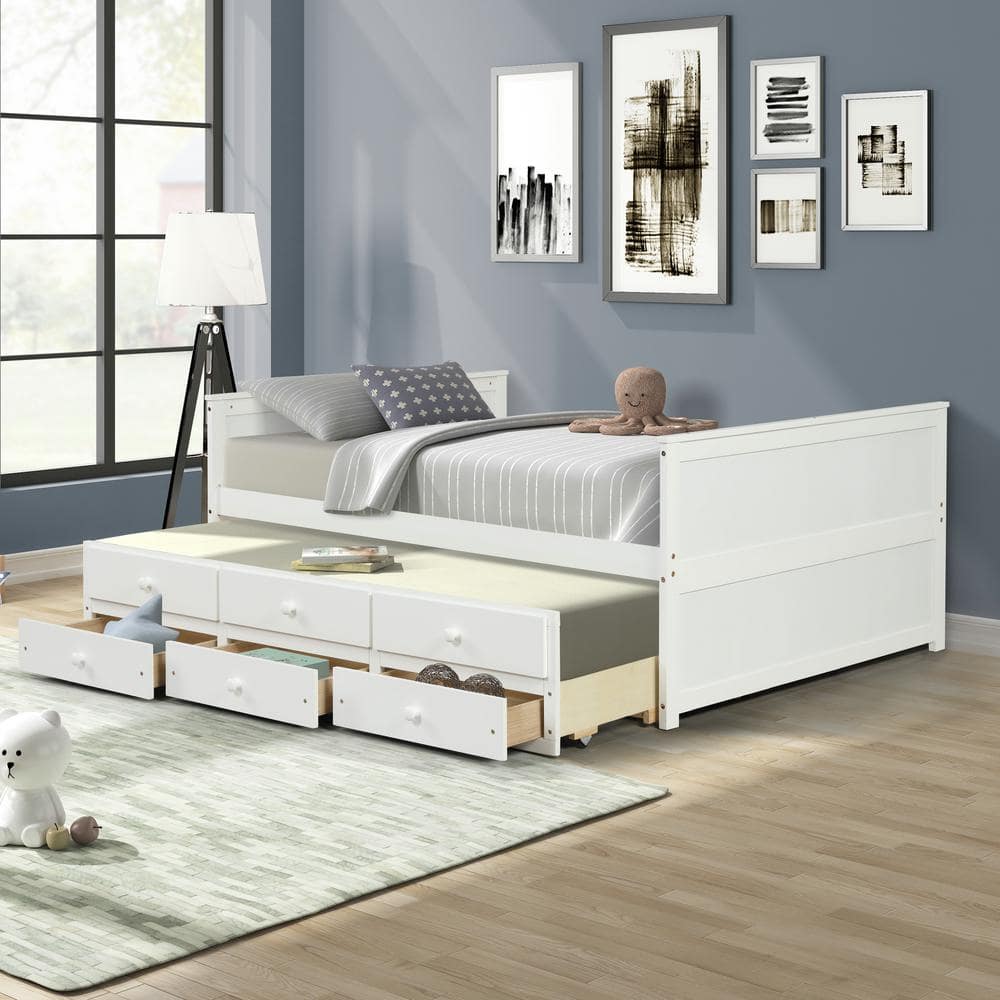 GODEER White Full Daybed with Twin Size Trundle and 3 Drawers Made by ...