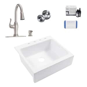Josephine 26 in. 4-Hole Quick-Fit Farmhouse Drop-in Single Bowl White Fireclay Kitchen Sink with Maren Faucet Kit
