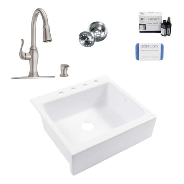 SINKOLOGY Josephine 26 in. 4-Hole Quick-Fit Farmhouse Drop-in Single Bowl White Fireclay Kitchen Sink with Maren Faucet Kit
