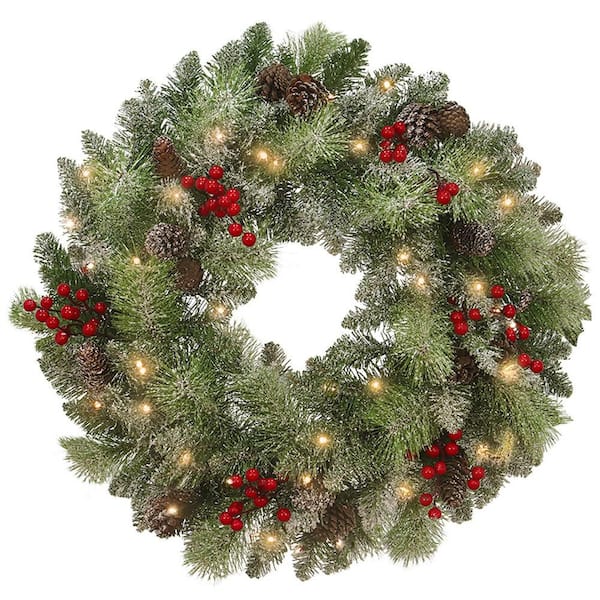 24 in. Battery Operated PreLit LED Artificial Christmas Wreath with Pinecones and Berries