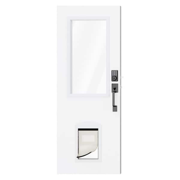 36 in. x 80 in. No Handing Half Lite Clear Glass Wood Front Door Slab with Pet Door, Electronic Deadbolt Lock, Handles