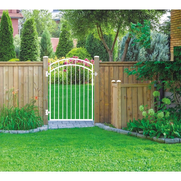 Glossy White Arched Benitoite Steel Gate (45 in. W x 56 in. H) with Self-Close Hardware, Double-Sided Handle, 2x2 Hinges