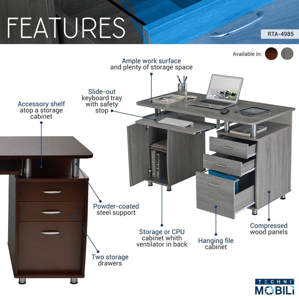 Gray Rectangular Workstation Desk with Storage and Keyboard Tray
