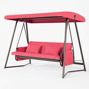 Red 3-Seat Metal Outdoor Patio Swing Bed with Cushion and Adjustable Canopy