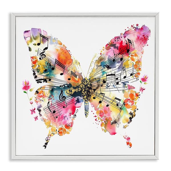 Stupell Industries Butterfly and Music Notes by LSR Design Studio White Framed Animal Giclee Art Print 12 in. x 12 in.