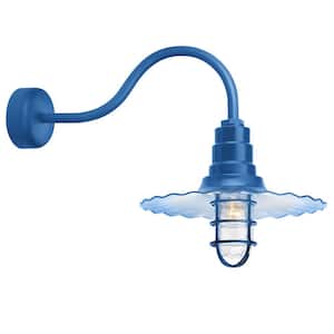 Radial Wave 18 in. Shade 23 in. Arm 1-Light Blue Clear Glass Lens Outdoor Wall Mount Sconce