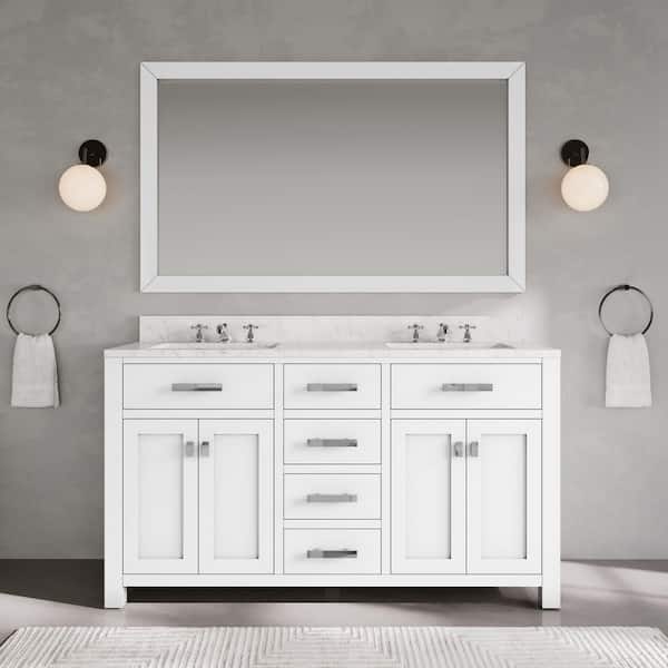 Madison 60 in. W x 21.5 in. D x 34 in. H Double Sink Bath Vanity in Pure White with Carrara White Marble Top and Mirror