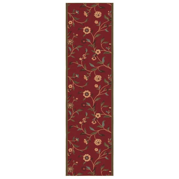 Homeline Non-Slip Rubberback 2 ft. x 11 ft. Floral Leaves Indoor Runner Rug, Dark Red