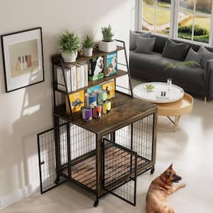 Corli Furniture Style Dog Pet Crate Iron Frame Rustic Brown with Shelf and Rolling Casters
