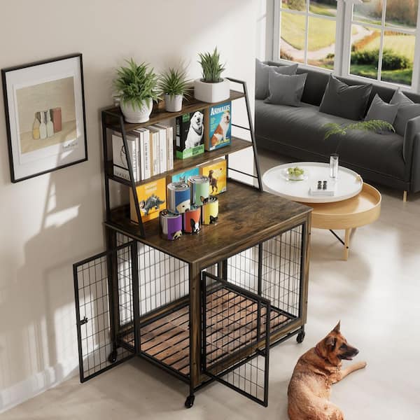Noble House Corli Furniture Style Dog Pet Crate Iron Frame Rustic Brown with Shelf and Rolling Casters