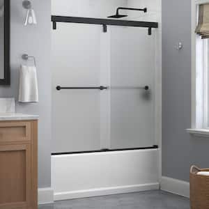 Lyndall 60 in. W x 59.25 in. H Mod Soft-Close Sliding Frameless Tub Door in Matte Black with Frosted Glass
