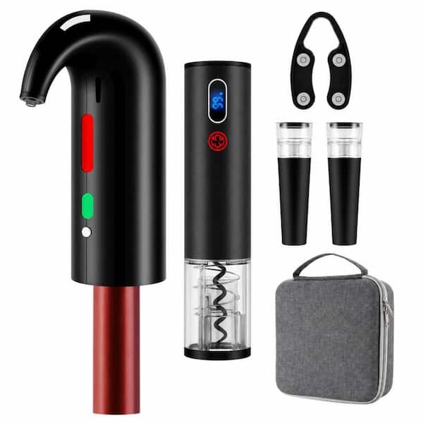 Black Electric Wine Bottle Opener Set with Wine Decanter, Aerator and Pourer, Stopper, Foil Cutter and Storage Bag