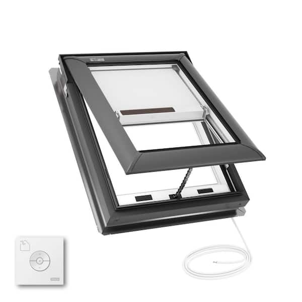 21 in. x 26-7/8 in. Electric Venting Deck Mount Skylight with Laminated LowE3 Glass, Solar Powered Room Darkening Shade