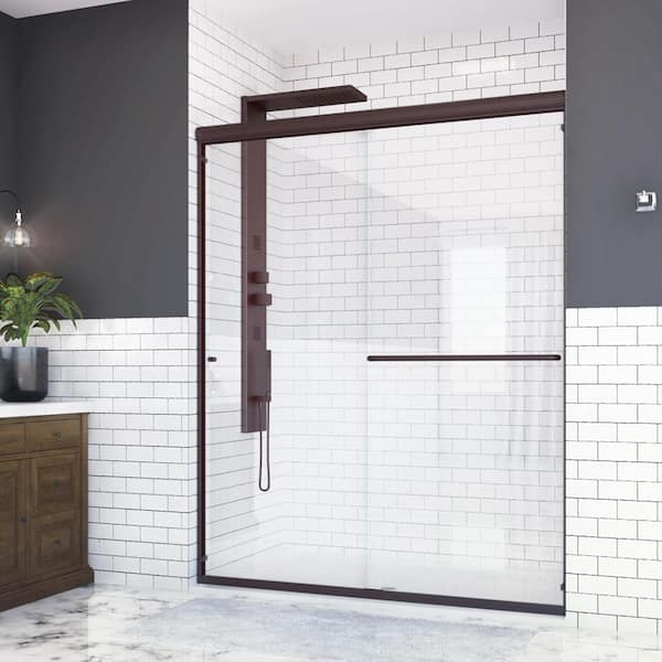 Holcam Distinctive 60 in. x 70.5 in. Semi-Frameless Sliding Shower Door in Oil Rubbed Bronze with Towel Bar and Knob Pull