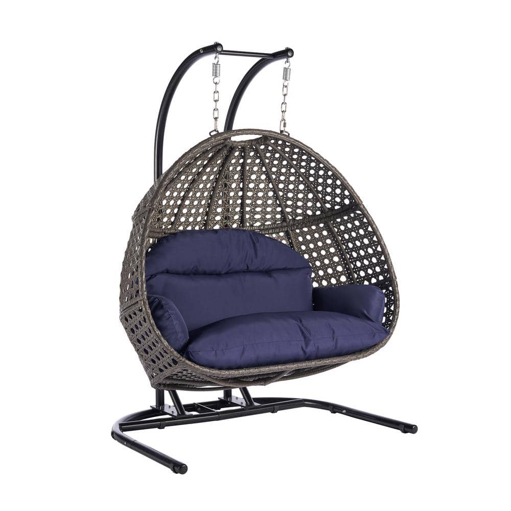 2 Person Wicker Porch Swing Double Hanging Egg Swing Chair Blue Cushion