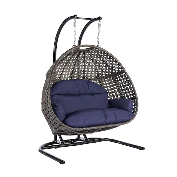 SANSTAR 2 Person Wicker Porch Swing Double Hanging Egg Swing Chair Blue ...