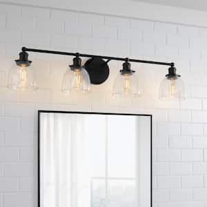 37.5 in. Evelyn 4-Light Mate Black Industrial Bathroom Vanity Light with Clear Glass Shades