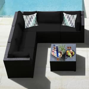 6-Piece Wicker Outdoor Sectional Set Patio Furniture Set with Black Cushions