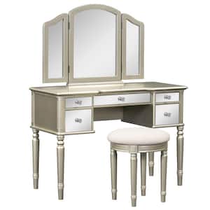 2-Piece Gold Mirror Makeup Vanity Set with Mirrored Drawers and Stool