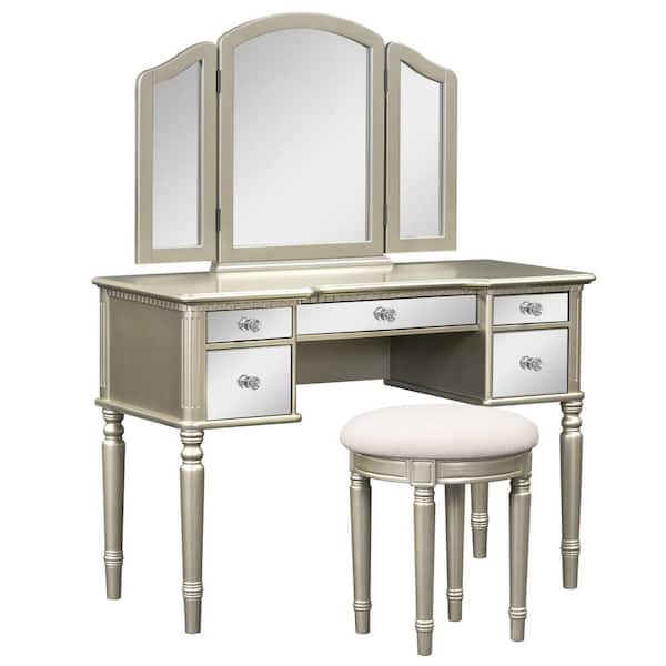 Unbranded 2-Piece Gold Mirror Makeup Vanity Set with Mirrored Drawers and Stool