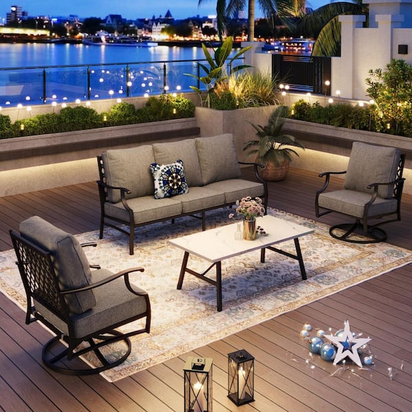 PHI VILLA Metal 5 Seat 4-Piece Steel Outdoor Patio Conversation Set With Gray Cushions, Swivel Chairs and Marble Pattern Table