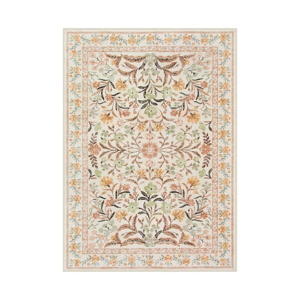 Oriental Floral Yellow Soft Non-Slip 5 ft. x 7 ft. Living Room/Bedroom Indoor Area Rug