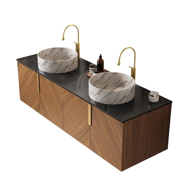 Liory 59.84 in. Floating Espresso Bath Vanity with Two Round Ceramic Basins and Black Sintered Stone Top Unassembled