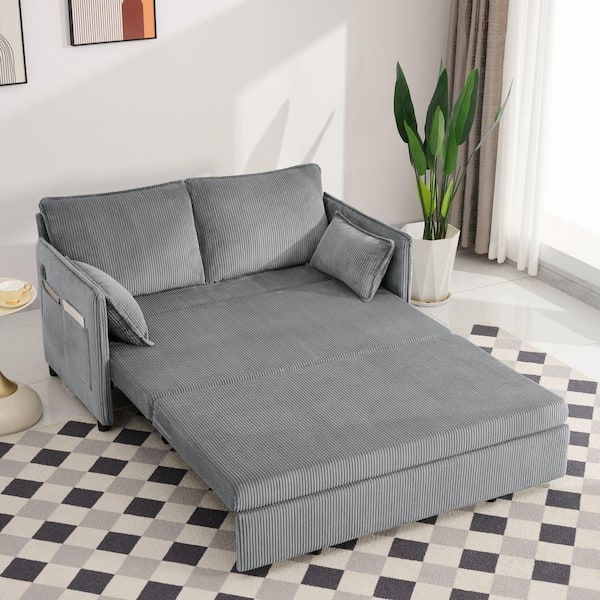 Claire Modern 55.5 in. Grey Corduroy Convertible Pull-Out Sleeper Twin Size Sofa Bed with USB Port, Storage Pockets