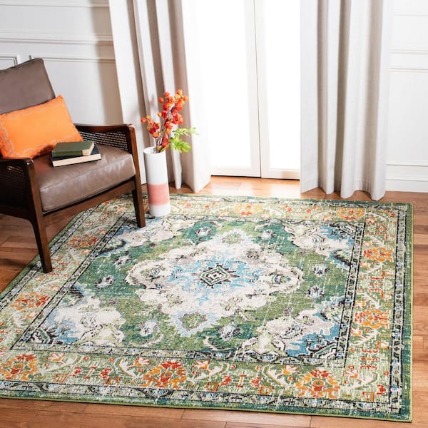 Monaco 12 ft. x 12 ft. Square Forest Green/Light Blue Distressed Border Medallion Area Rug
