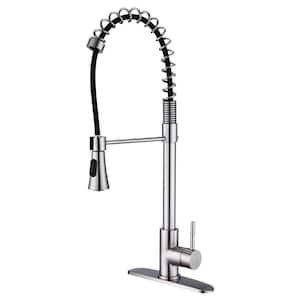 Spring Single-Handle Pull-Down Sprayer Kitchen Faucet with Spring Coil Arm in Brushed Nickel.