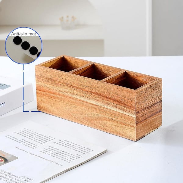 Desktop Organizer Acacia Wood Holder 3-Compartment Caddy for Pens