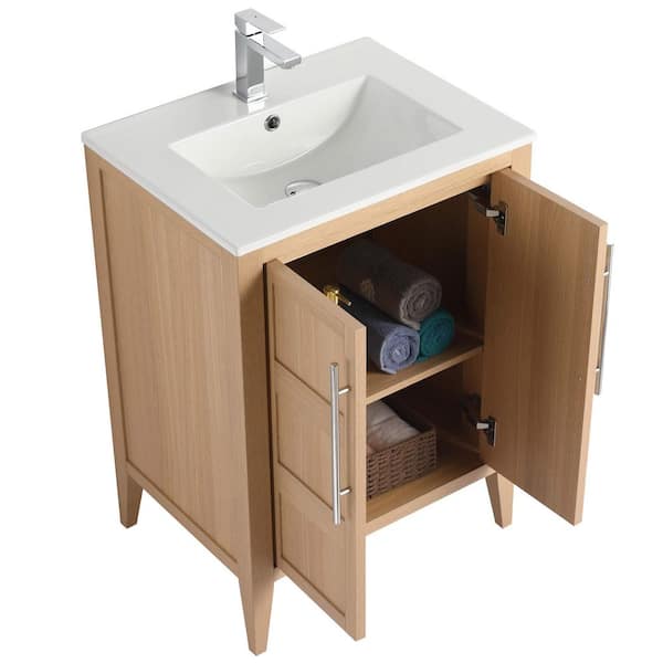 Leafside 24 in. Freestanding Sand Oak Bath Vanity with White Ceramic Sink Top Assembled