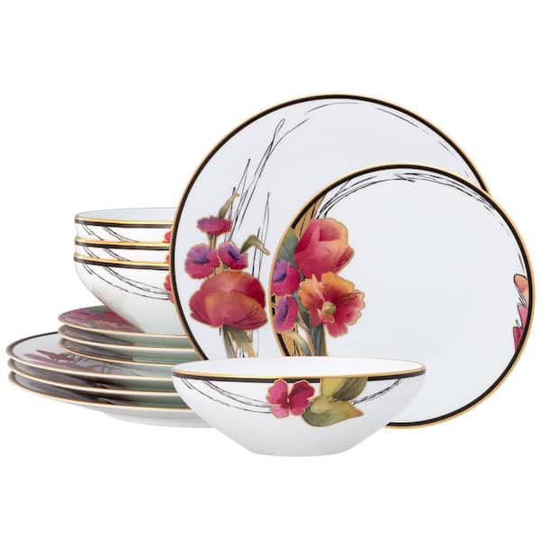 Noritake Alluring Fields (White) Porcelain 12-Piece Dinnerware Set, Service For 4