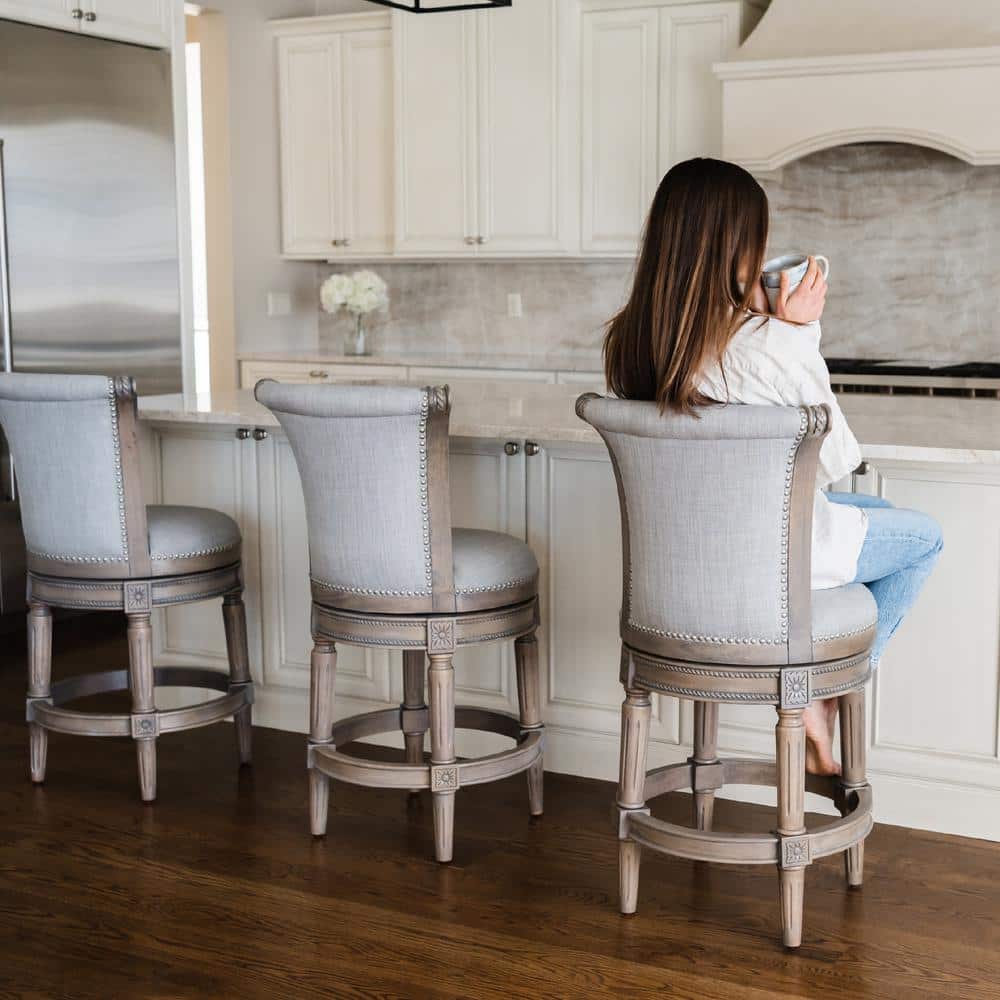 Gray High-Back Swivel Counter Stool with Oak Wood Frame