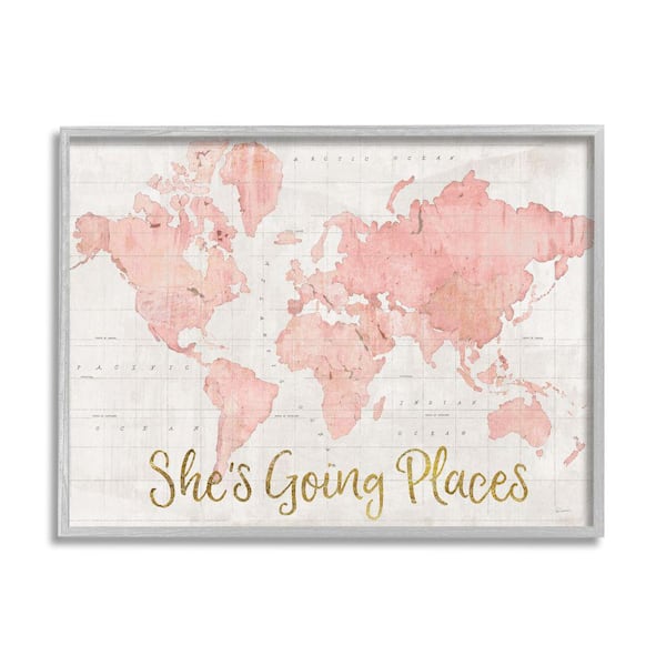 Stupell Industries "She's Going Places Quote Pink Watercolor World Map" by Sue Schlabach Framed Travel Wall Art Print 11 in. x 14 in.