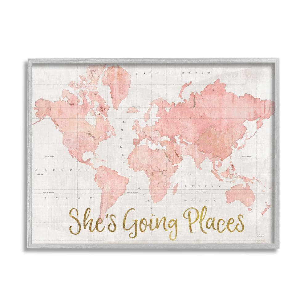 She's Going Places Pink Watercolor World Map Framed Canvas Print