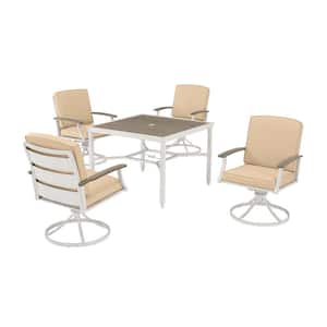 Marina Point 5-Piece White Steel Outdoor Patio Dining Set with Sunbrella Beige Cushions and Painted White Steel Tabletop