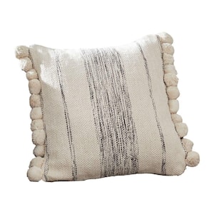Cream Textured Pom Pom Edges Decorative 18 in. x 18 in. Throw Pillow Cover