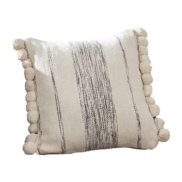 Benjara Cream Textured Pom Pom Edges Decorative 18 in. x 18 in. Throw Pillow Cover