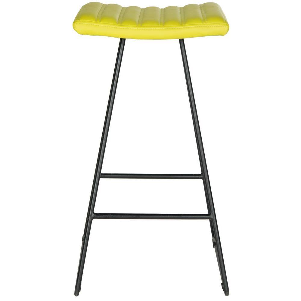 Citron Green Leather and Iron Backless Bar Stools, Set of 2