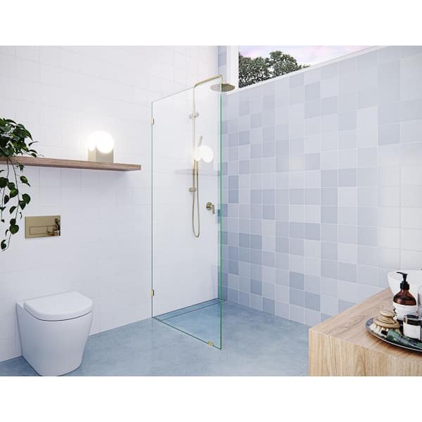 Glass Warehouse Vela 29.5 in. W x 78 in. H Frameless Fixed Single Panel Shower Door in Polished Brass Without Handle