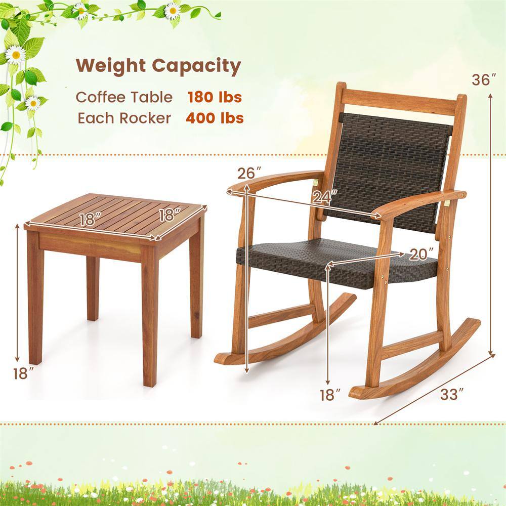 Mix Brown and Natural Acacia Wood Outdoor Rocking Chair Bistro Set