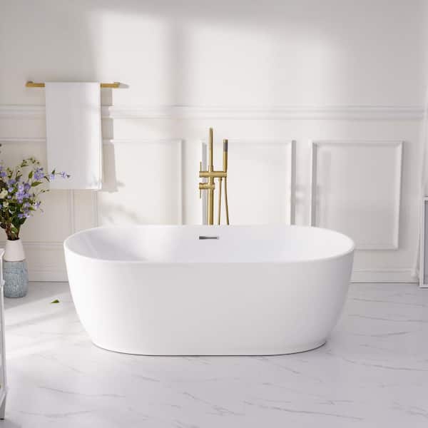 Liviza 67 in. Oval Pure Virgin Acrylic Flatbottom Freestanding Soaking Bathtub in White with Drain and Overflow Included