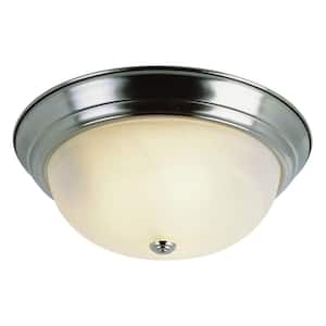 Browns 15 in. 3-Light Brushed Nickel Flush Mount Ceiling Light Fixture with White Marbleized Glass Shade