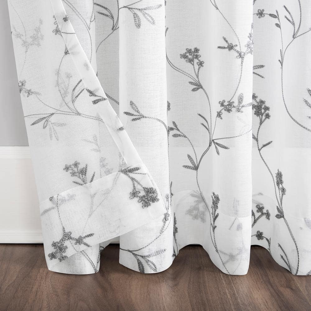 White Sheer Embroidered Floral Rod Pocket Curtain Panel