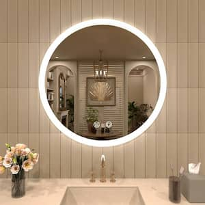 28 in. W x 28 in. H Round Frameless LED Light Anti-Fog Wall Bathroom Vanity Mirror in Polished Crystal