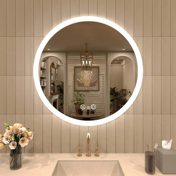 TaiMei 28 in. W x 28 in. H Round Frameless LED Light Anti-Fog Wall Bathroom Vanity Mirror in Polished Crystal