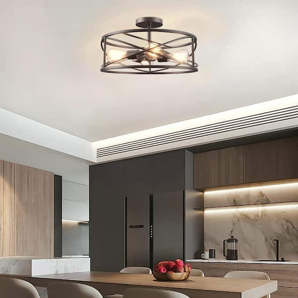 17 in. 4-Light Bronze Caged Drum Semi-Flush Mount