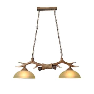 28.74 in. Brown Vintage Antler Shape 2-Light Glass Lampshade Pendant Light with Adjustable Chain